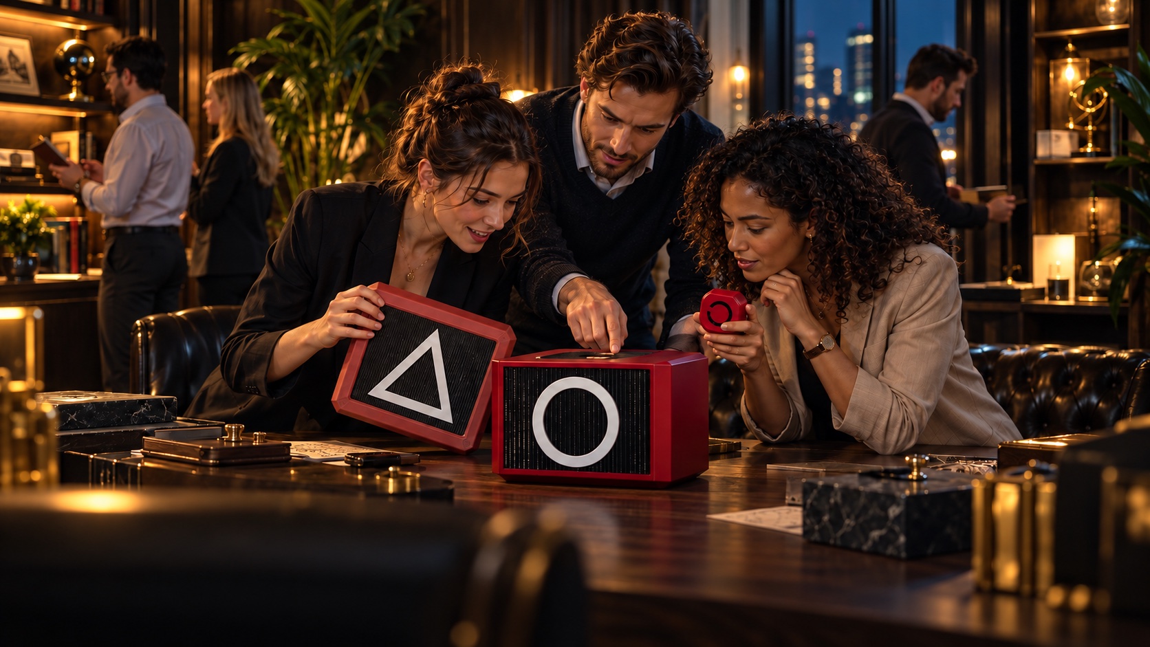 Team bei einem mobilen Rätselspiel in einer Firmenlounge